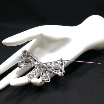 Weiss Blue Rhinestone Bow Brooch, Rhodium Plated, 1960s Vintage Jewelry