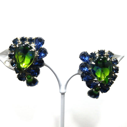 Weiss Blue Green Rhinestone Earrings, Rhodium Plated, 1950s Vintage Jewelry