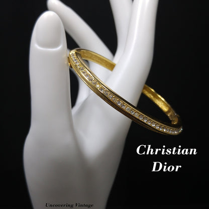 Vintage Christian Dior Clear Rhinestone Hinged Bracelet, Gold Plated