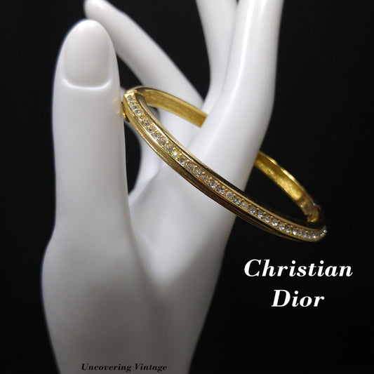 Vintage Christian Dior Clear Rhinestone Hinged Bracelet, Gold Plated