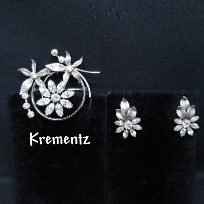 Krementz Silver Tone Clear Rhinestone Brooch, Rhodium Plated, Screw Back Earrings, 1940s
