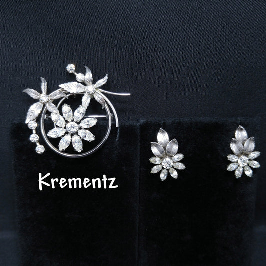 Krementz Silver Tone Clear Rhinestone Brooch, Rhodium Plated, Screw Back Earrings, 1940s