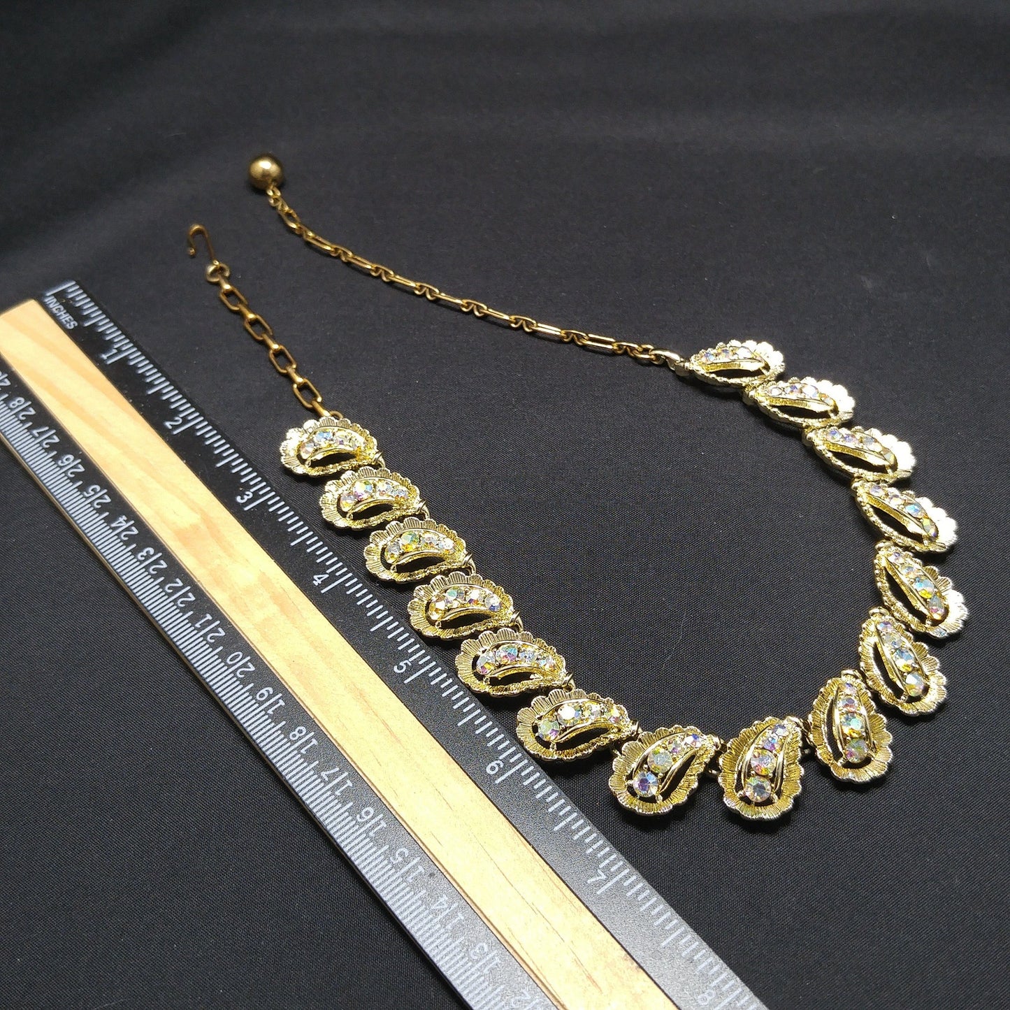 Vintage 1960s Aurora Borealis Rhinestone Gold Plated Choker Necklace 16"