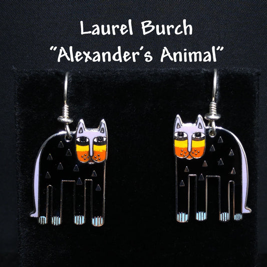 Laurel Burch "Alexander's Animal" Cat Earrings, Gold Plated, 1980s Vintage