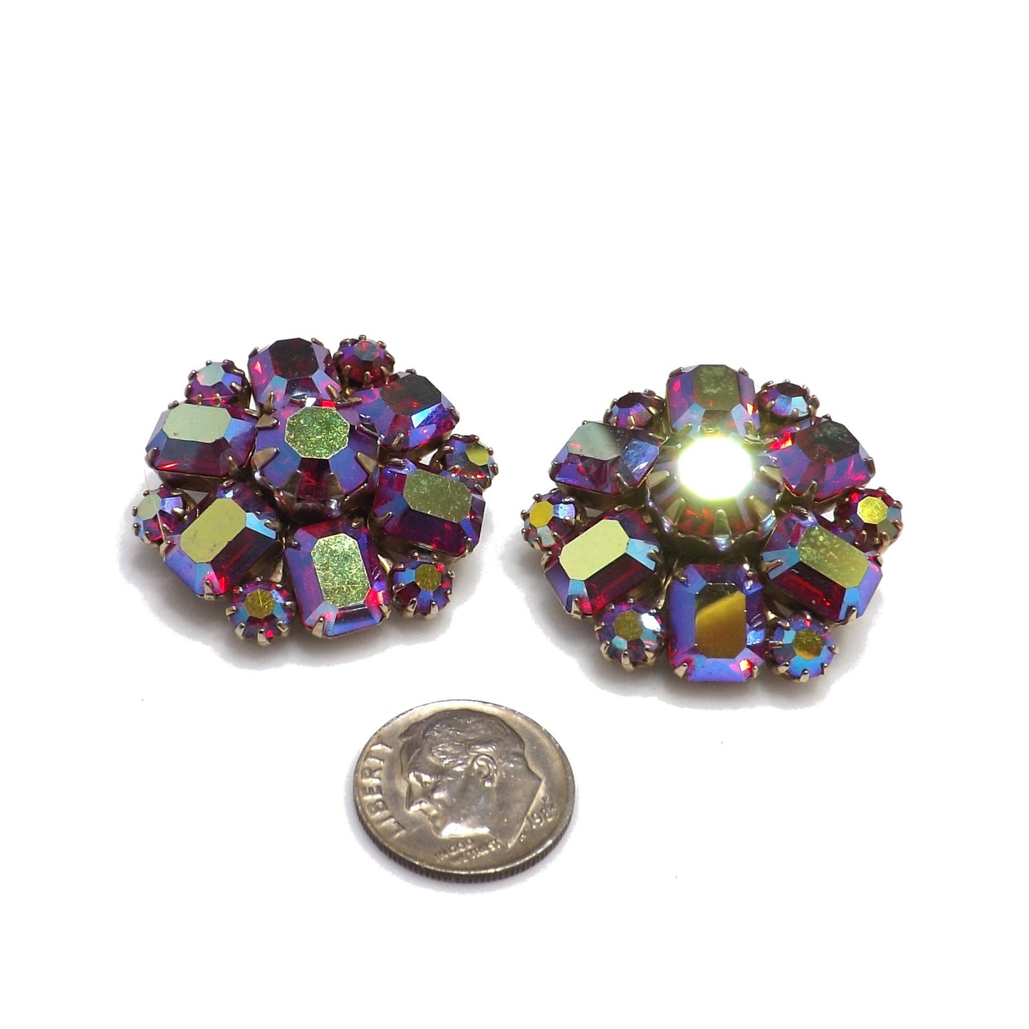 Weiss Red Aurora Borealis Floral Earrings, Gold Plated, 1950s Vintage Jewelry