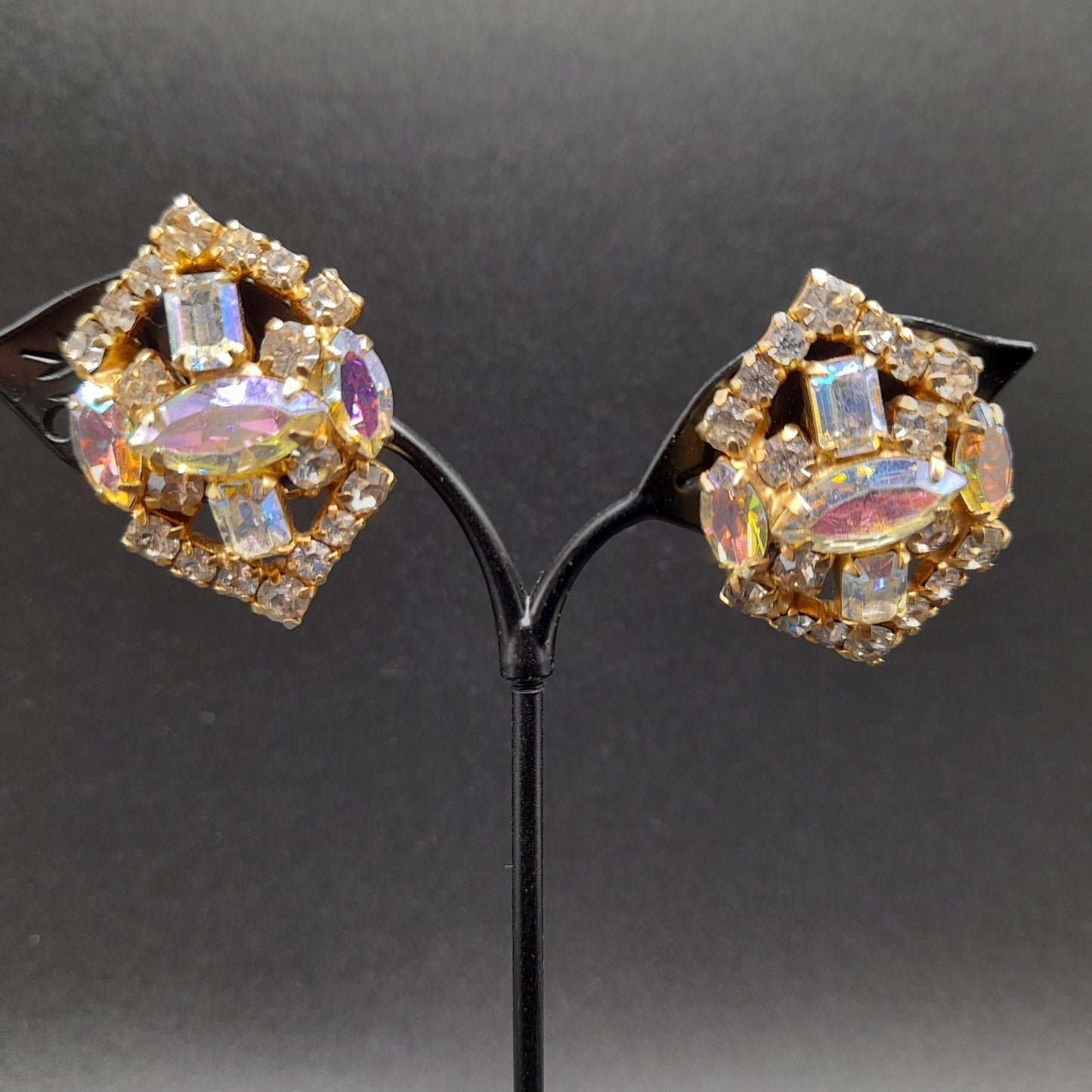 LaRoco Aurora Borealis Clip Earrings, Designer Gold Plated, 1960s Vintage Jewelry