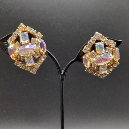 LaRoco Aurora Borealis Clip Earrings, Designer Gold Plated, 1960s Vintage Jewelry