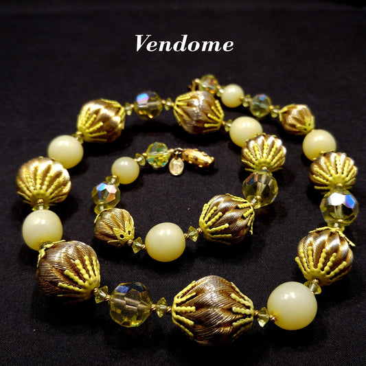 Vendome Gold Twist & AB Crystal Bead Necklace, Yellow Bead Caps, Gold Plated, 1960s Vintage Jewelry