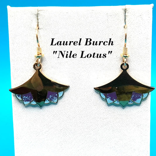Laurel Burch "Nile Lotus" Drop Earrings, Gold Plated, Enamel Light Blue Purple, 1980s Vintage Jewelry