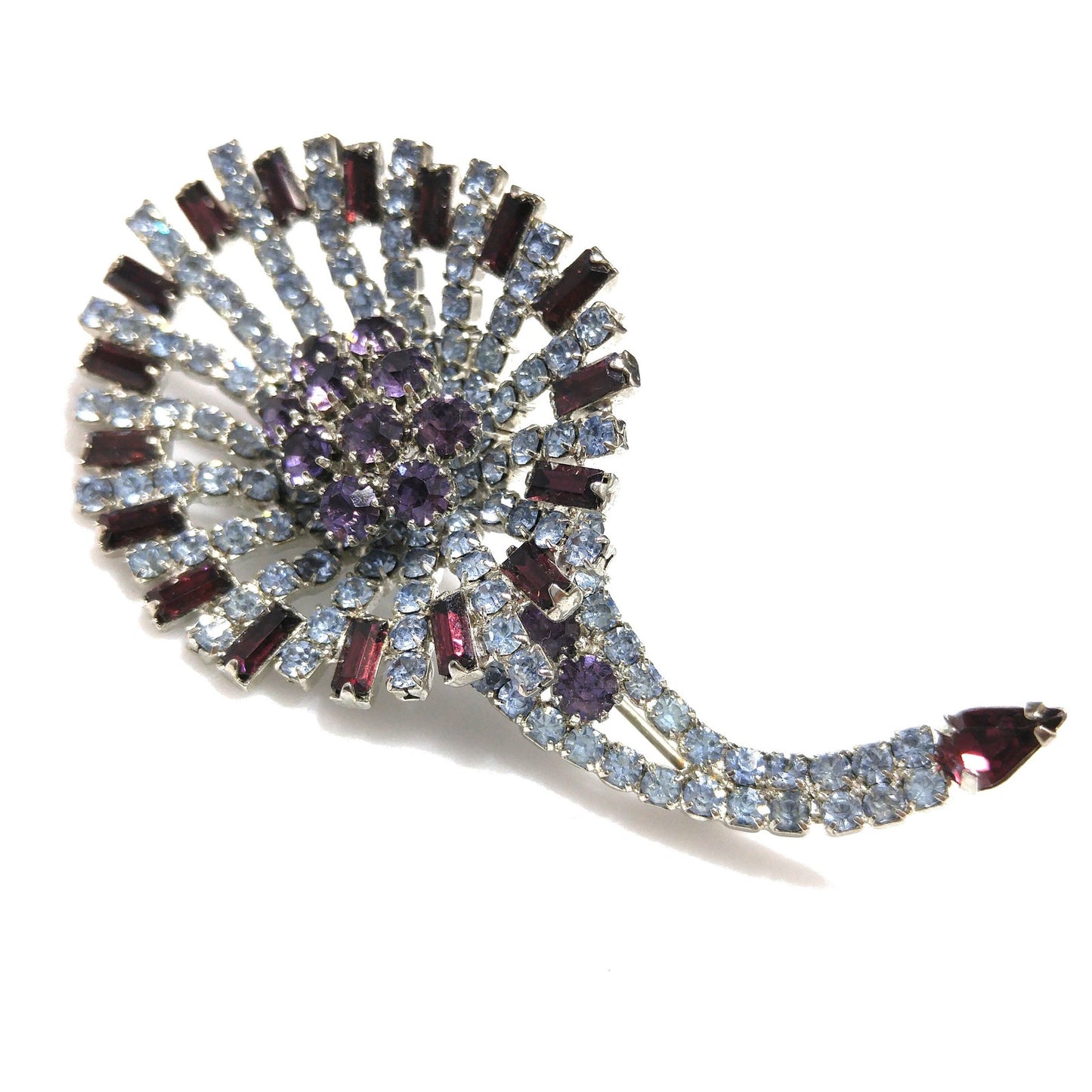 Hobe Purple Light Blue Rhinestone Lily Floral Brooch, Rhodium Plated, 1960s Vintage Jewelry