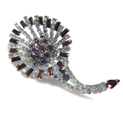 Hobe Purple Light Blue Rhinestone Lily Floral Brooch, Rhodium Plated, 1960s Vintage Jewelry