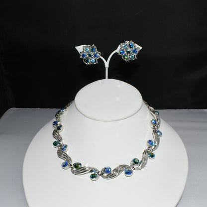 Blue Aurora Borealis Rhinestone Choker Necklace Earrings, Rhodium Plated, 1950s Vintage Jewelry