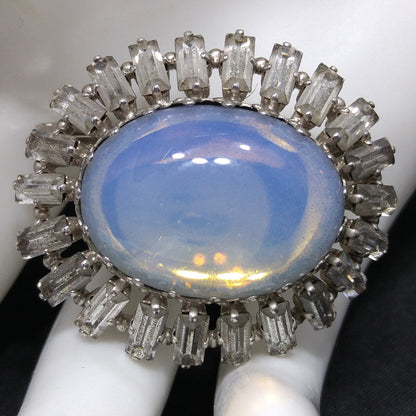 West Germany Faux Moonstone Brooch, Clear Baguettes, 1950s Vintage Jewelry