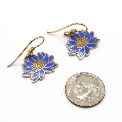 Vintage Laurel Burch Blue Orange Lily Earrings, Enamel Cloisonne, Gold Plated