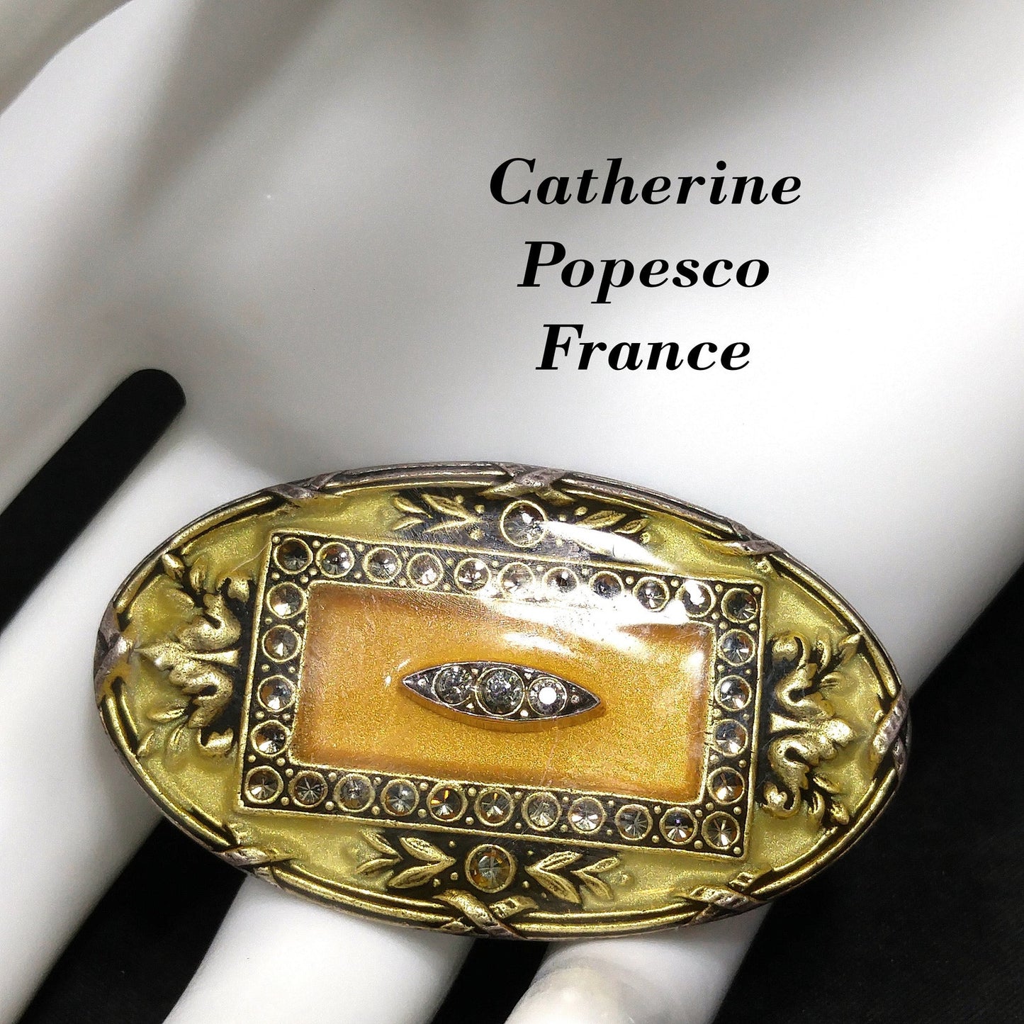 Catherine Popesco Oval Brooch, Cream & Gold Enamel, Rhinestones Under Enamel, France, 1980s Vintage Jewelry