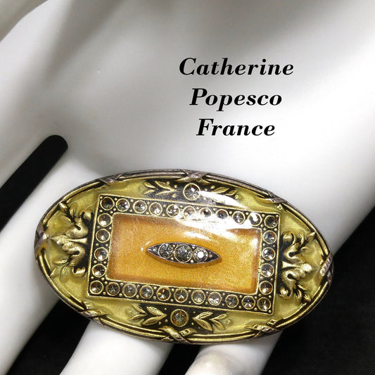 Catherine Popesco Oval Brooch, Cream & Gold Enamel, Rhinestones Under Enamel, France, 1980s Vintage Jewelry
