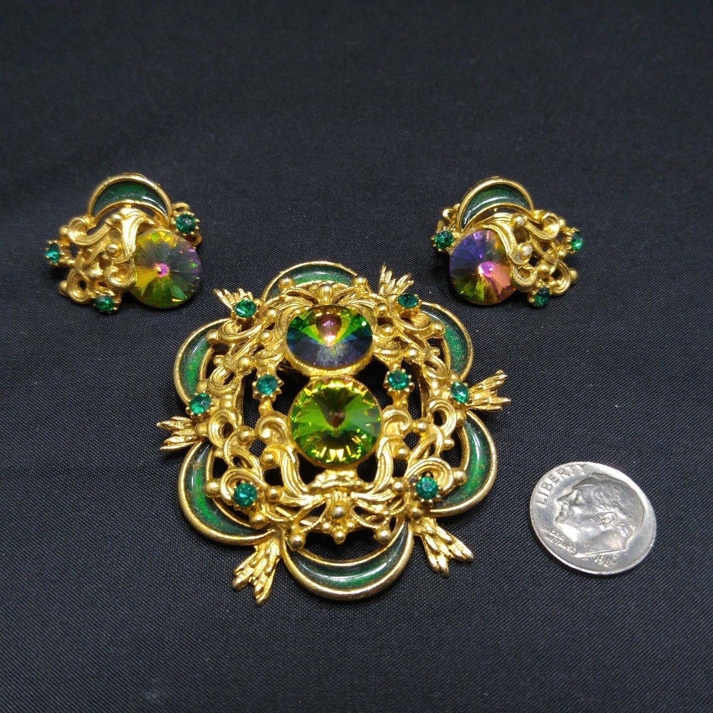 Watermelon Rivoli Rhinestone Brooch & Earrings, Gold Plated, 1960s Vintage Jewelry