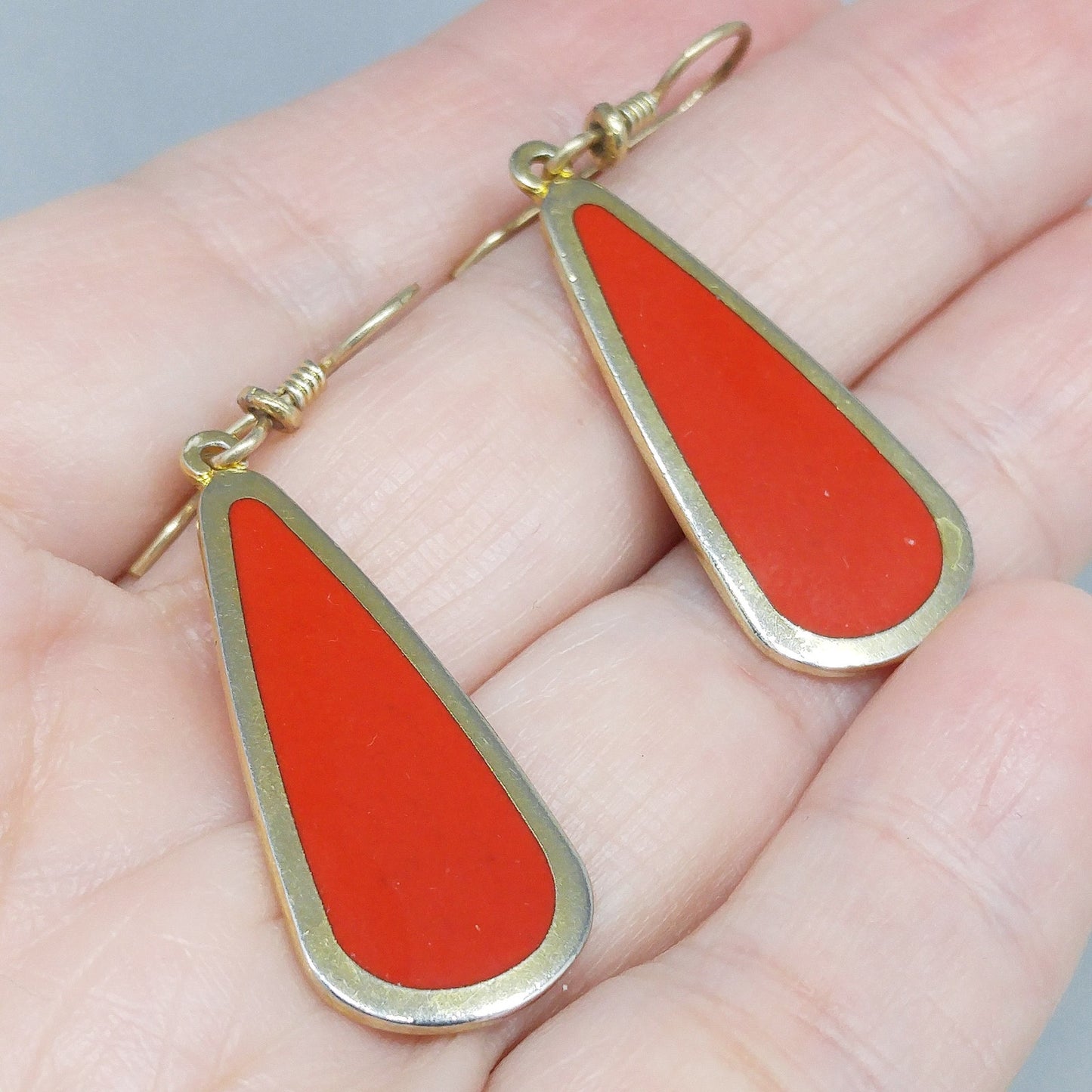 Laurel Burch Red & Gold Teardrop Earrings, Gold Plated, 1980s Vintage Jewelry