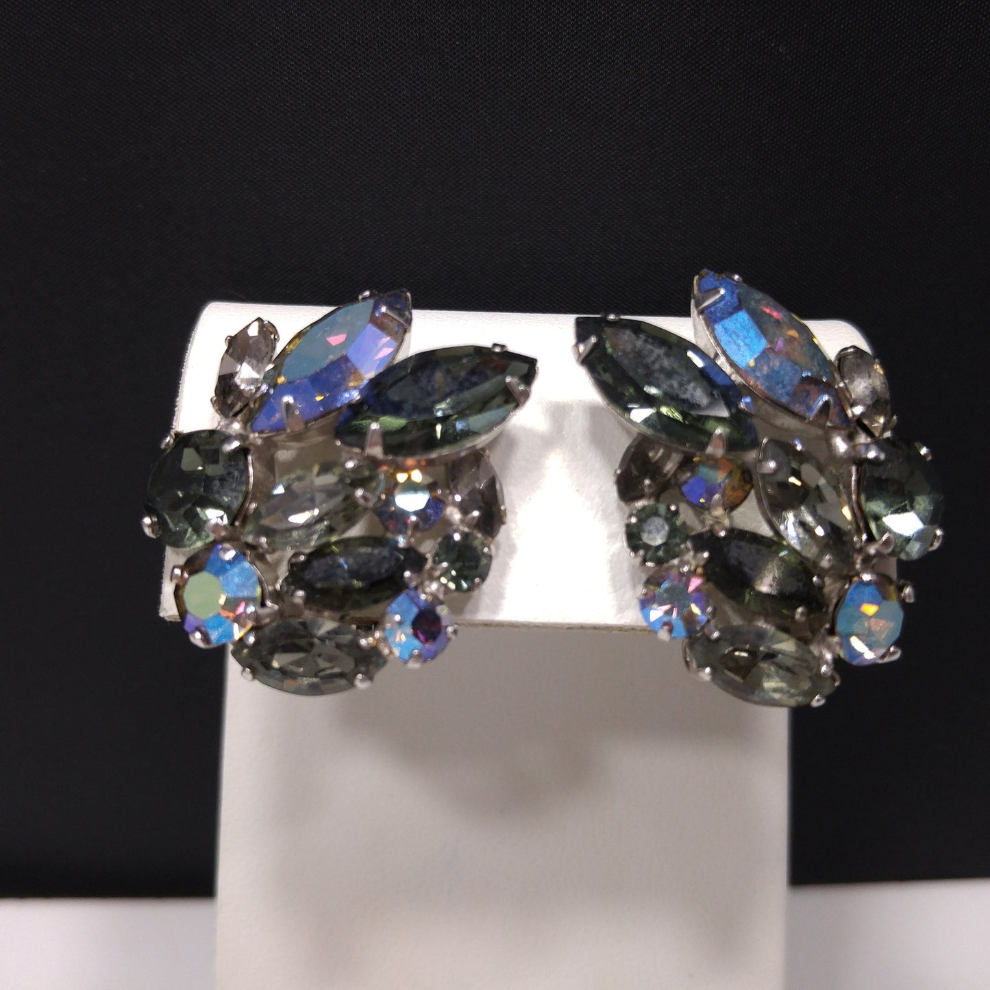 Sherman Black Diamond Rhinestone Earrings, Aurora Borealis, 1960s Vintage Jewelry