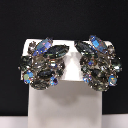 Sherman Black Diamond Rhinestone Earrings, Aurora Borealis, 1960s Vintage Jewelry