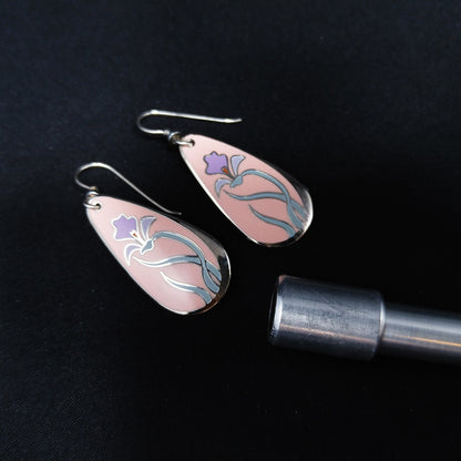 Laurel Burch "Wild Iris" Pink Enamel Earrings, Silver Tone, Gold Plated, 1980s