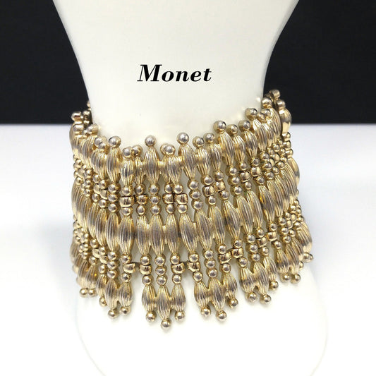 Vintage Monet "Minaret" Mid-Century Bracelet, Gold Plated, Book Piece, 1950s Jewelry