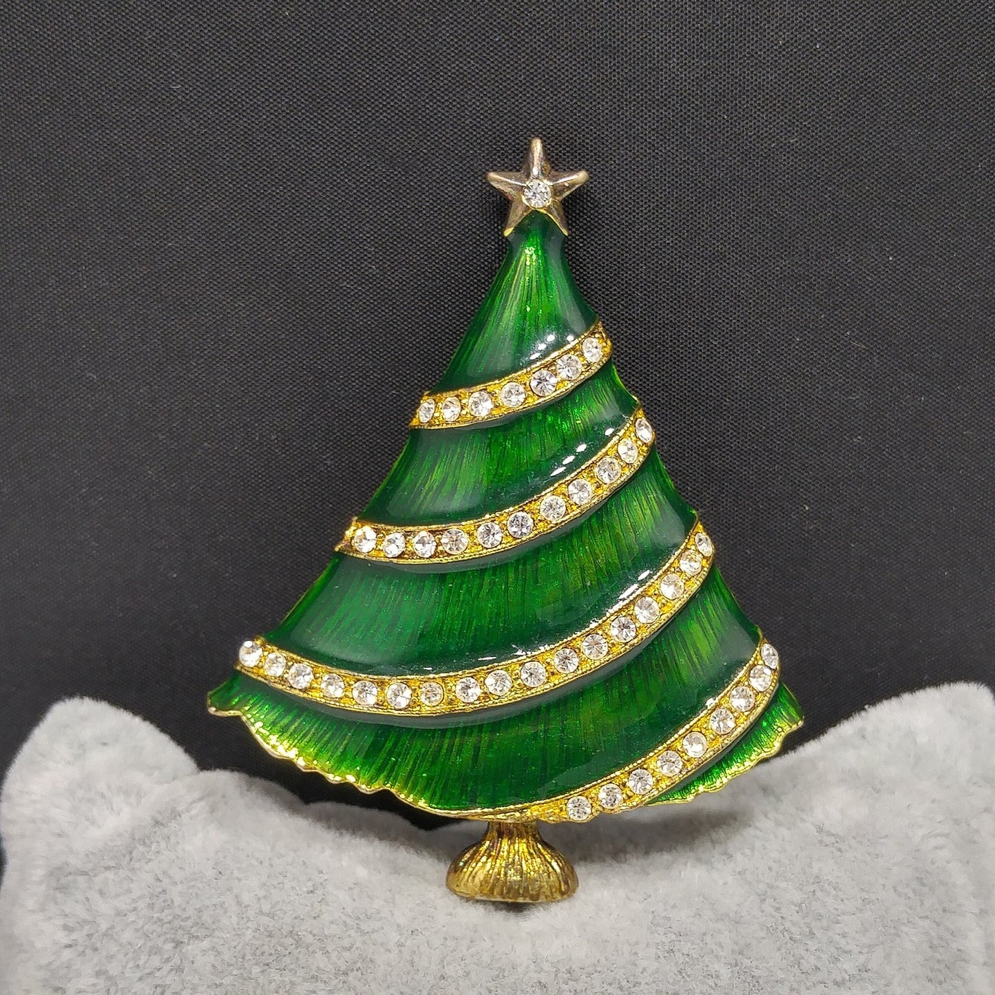 Eisenberg Ice Christmas Tree Brooch, Green Enamel, Gold Plate, 1960s Vintage Jewelry