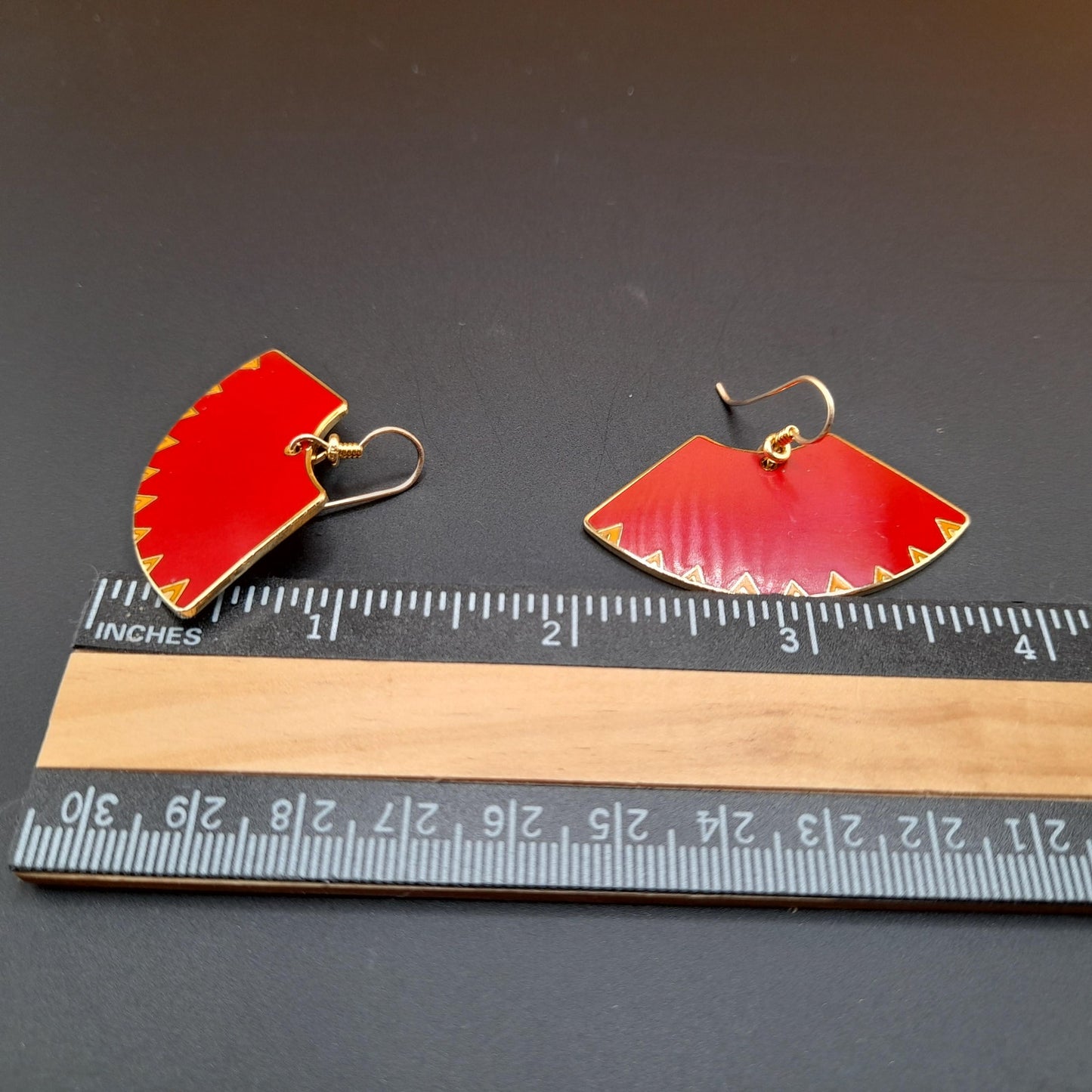 Laurel Burch "Mitra" Red Large Fan Earrings, Gold Plated, Cloisonne Enamel, 1980s Vintage Jewelry