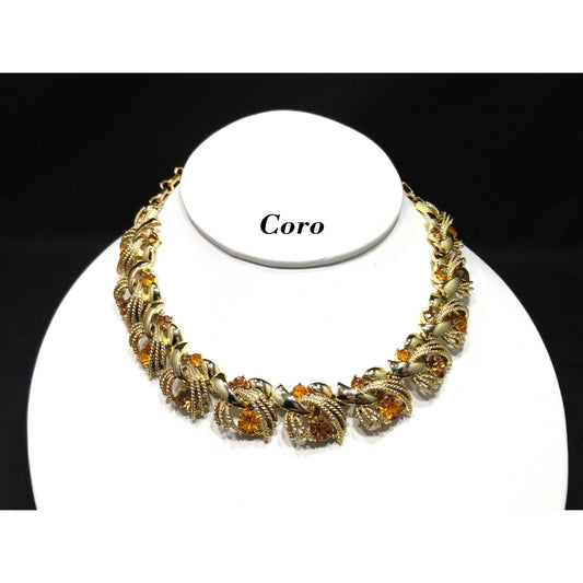 Coro Citrine & Topaz Rhinestone Choker Necklace, Gold Plated, 1950s Vintage Jewelry