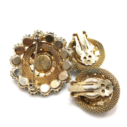 Vintage Weiss Green Rhinestone Brooch & Earrings, Gold Plated Mesh