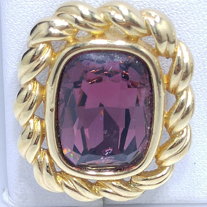 Swarovski S.A.L. Earrings, Purple Crystal Clip Ons, Gold Rope Design, 1970s Vintage Jewelry