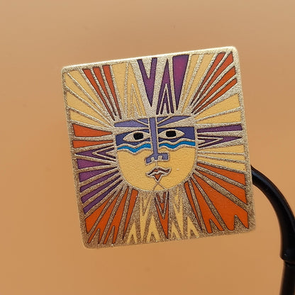 Laurel Burch "Sun Goddess" Clip Earrings, Satin Gold Plated Finish, Cloisonne Enamel, 1980s Vintage Jewelry