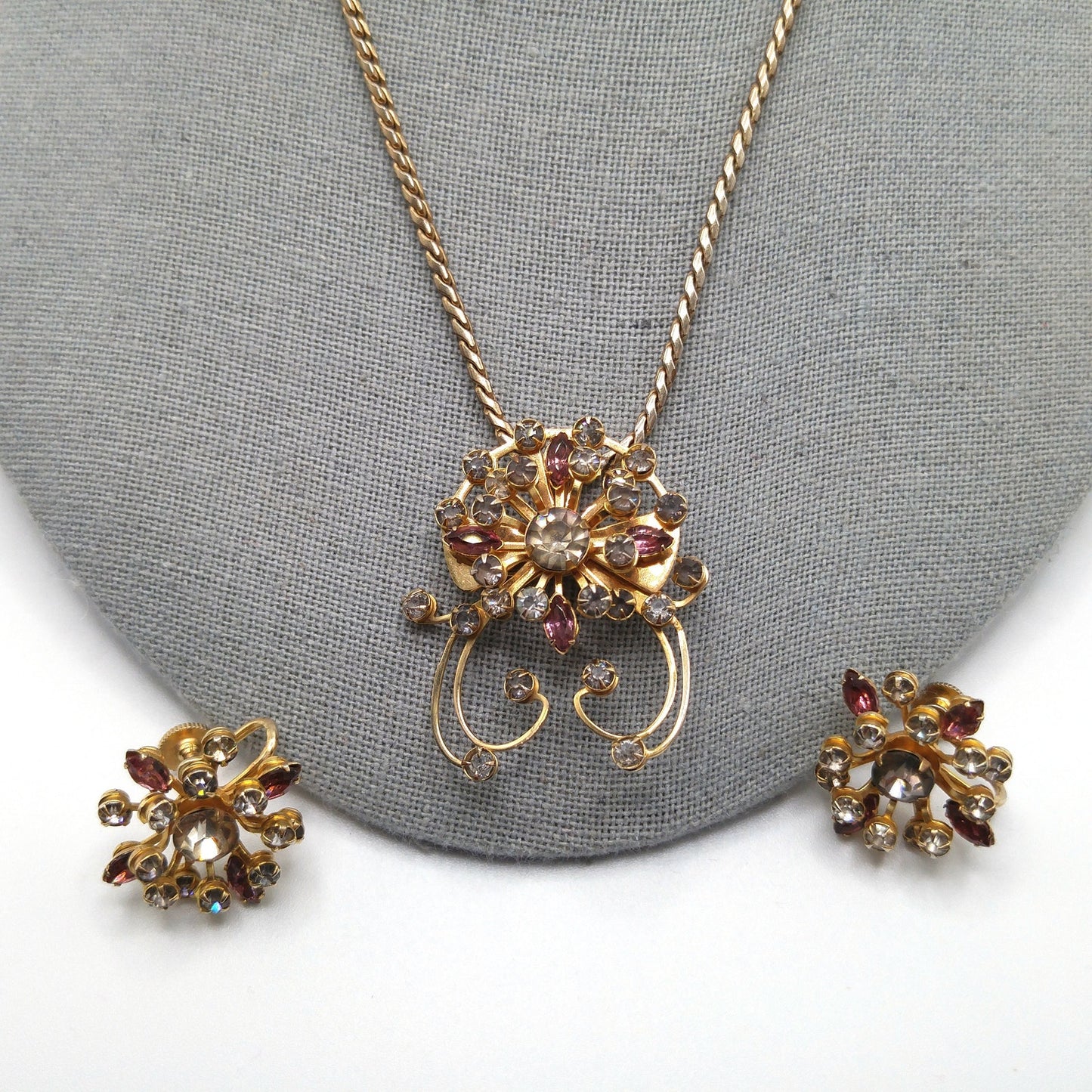 Floral Purple Rhinestone Pendant Brooch Necklace Earrings Set, Gray Clear Rhinestones, 1940s Vintage Jewelry