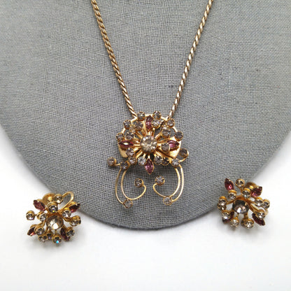 Floral Purple Rhinestone Pendant Brooch Necklace Earrings Set, Gray Clear Rhinestones, 1940s Vintage Jewelry