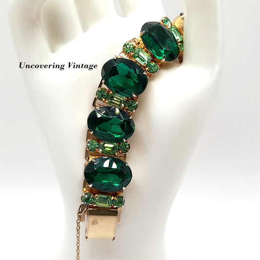 Vintage Coro Pegasus 1950s Emerald & Peridot Green Bracelet, Gold Tone
