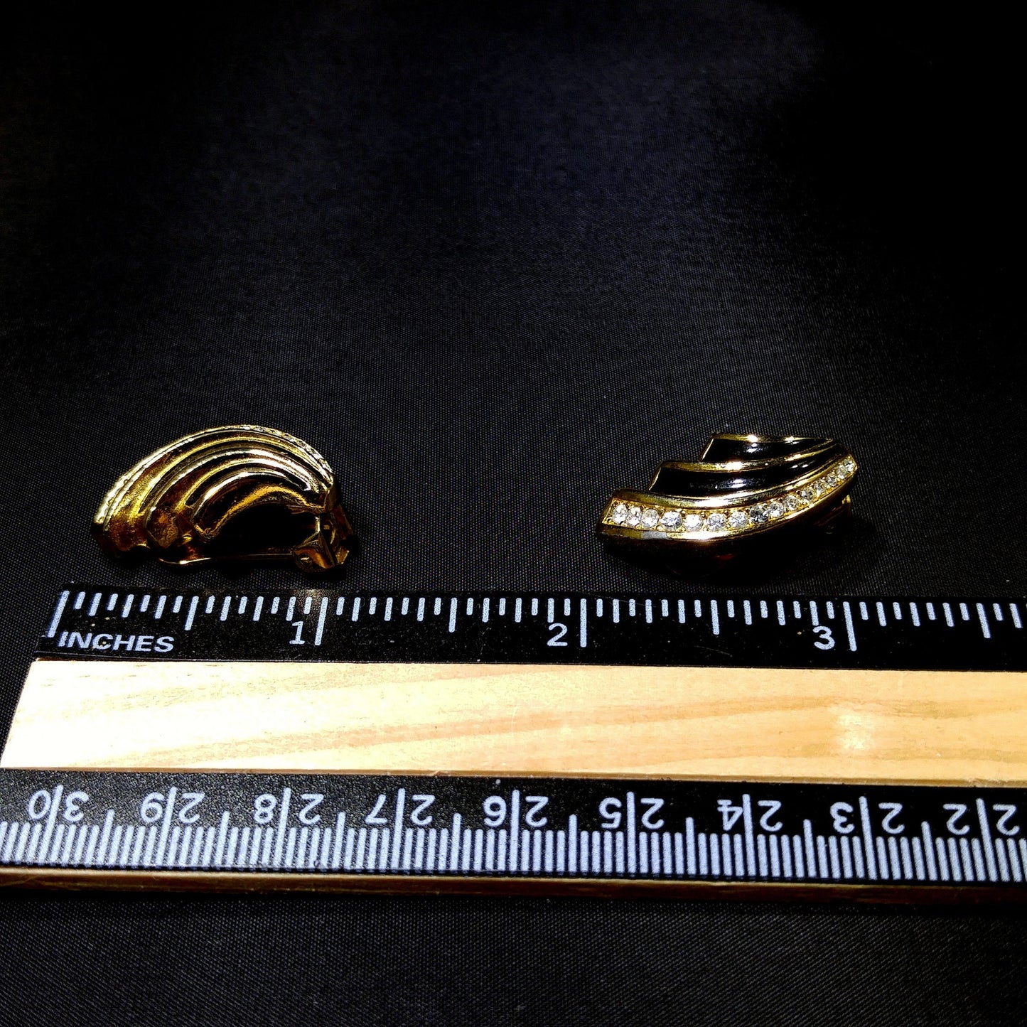 Christian Dior Black Enamel Earrings, Gold Plated, Pave Rhinestones, 1980s Vintage Jewelry