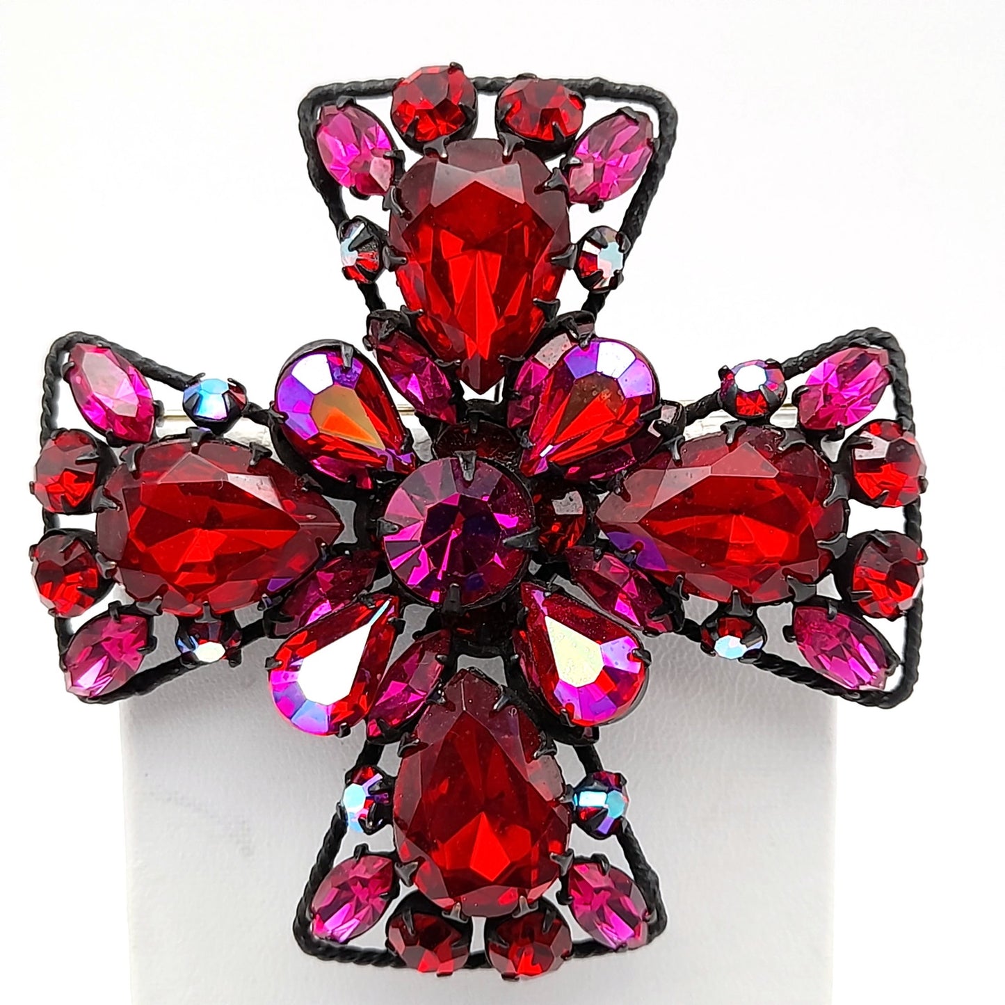 Signed Regency Red Pink Japanned Rhinestone Maltese Cross Brooch