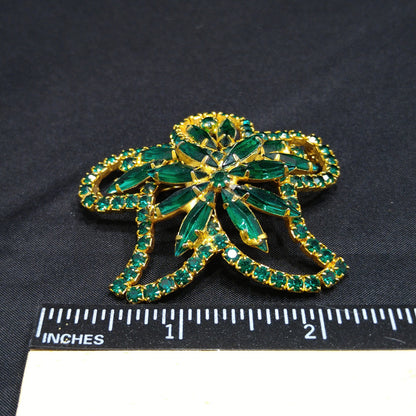 Green Rhinestone Floral Brooch, Gold Plated, 1960s Vintage Jewelry