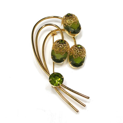 Sarah Coventry Touch of Elegance Green Crystal Brooch Gold Tone 1970s