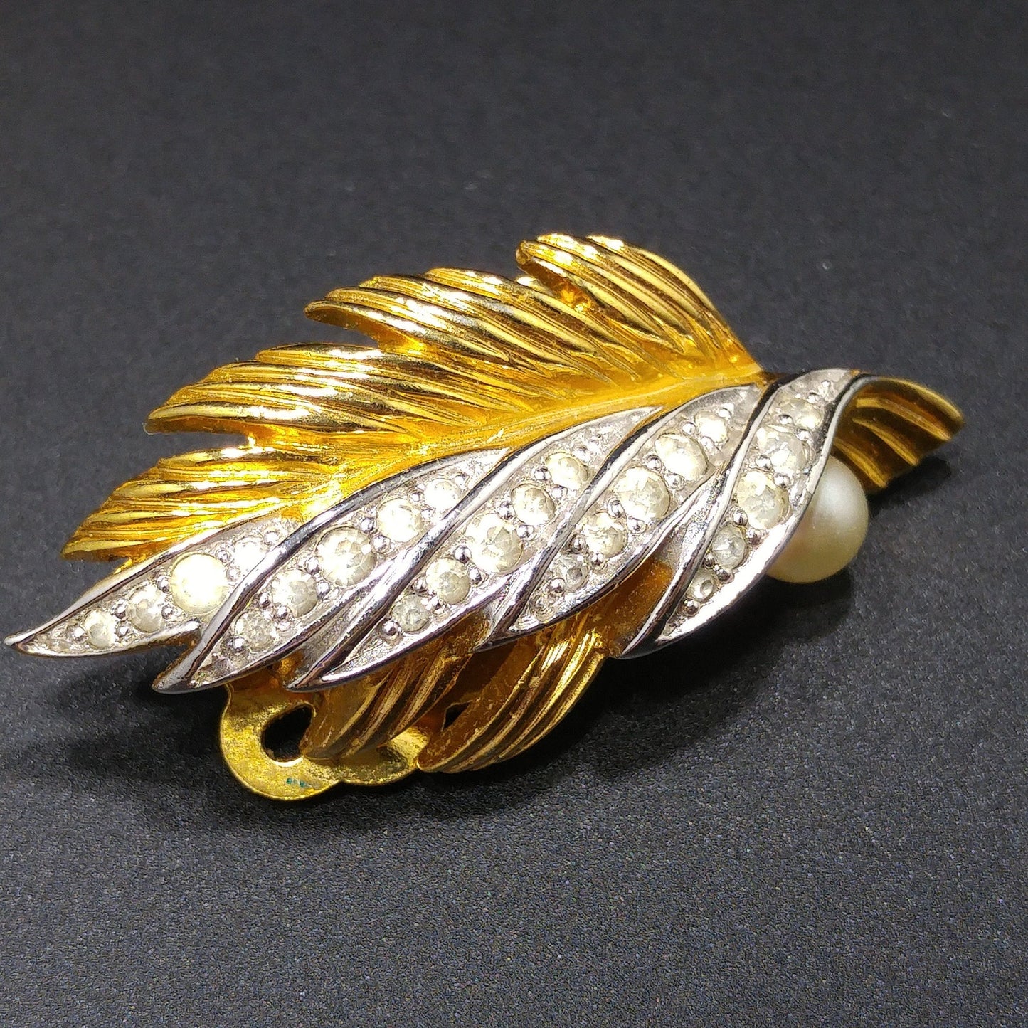 Jomaz Leaf Brooch Earrings Set 1940s 50s Gold Pave Rhinestones Pearl Vintage