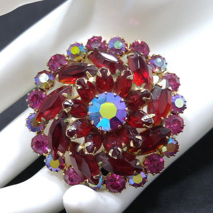 Red & Pink Rhinestone Brooch, Gold Plated, 1960s Vintage Jewelry