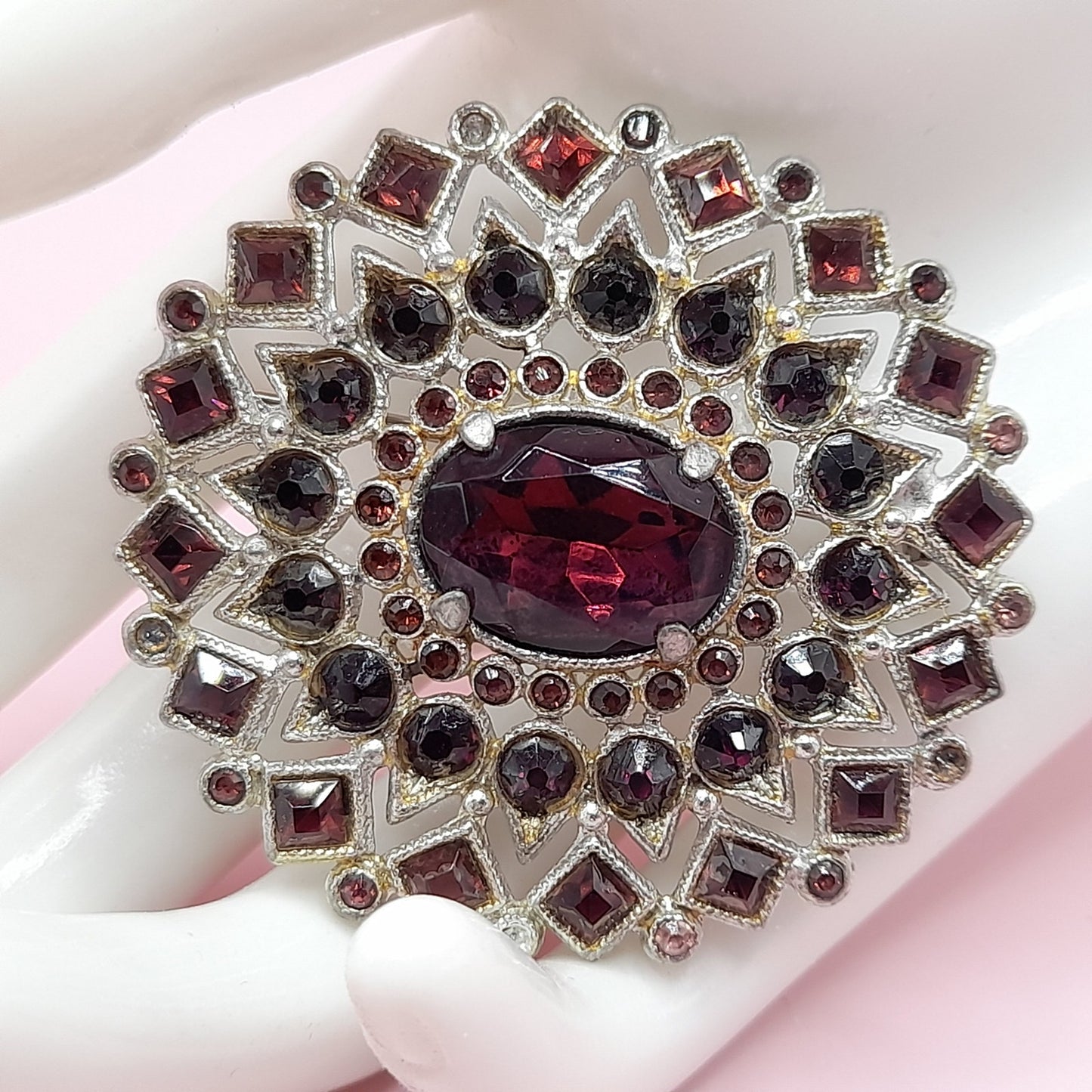 Vintage Purple Rhinestone Oval Brooch, Pot Metal, C Clasp, 1930s