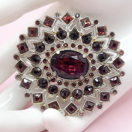 Vintage Purple Rhinestone Oval Brooch, Pot Metal, C Clasp, 1930s