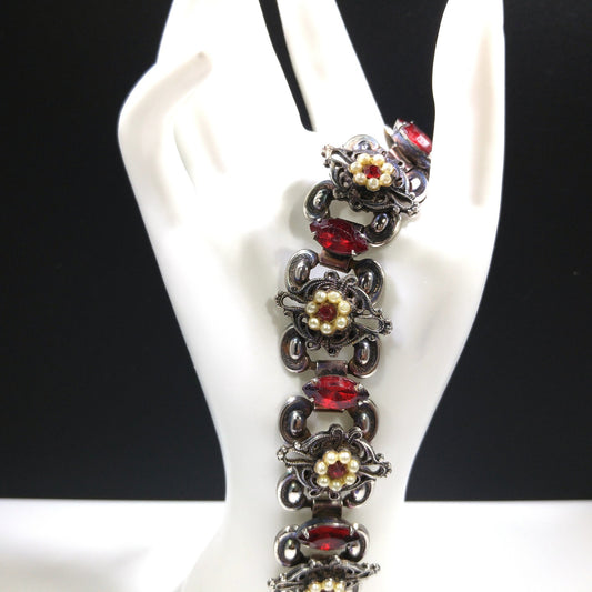 Victorian Red Rhinestone Book Chain Bracelet, Faux Pearl Flowers, 1940s Vintage Jewelry