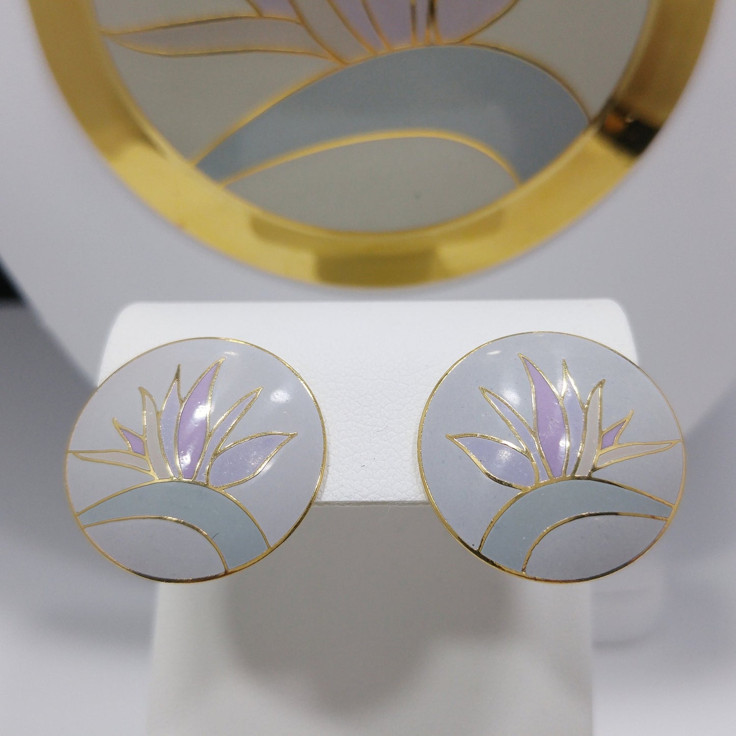 Laurel Burch "Bird of Paradise" Necklace & Earrings Set, Gold Plate Cloisonné Pastel Enamel, 1980s Vintage Jewelry