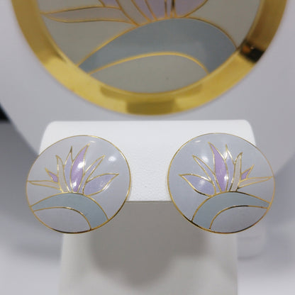 Laurel Burch "Bird of Paradise" Necklace & Earrings Set, Gold Plate Cloisonné Pastel Enamel, 1980s Vintage Jewelry