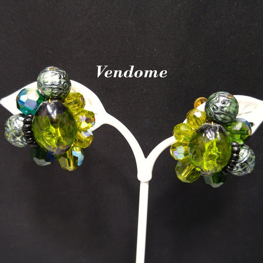Vendome Green Beaded Earrings, Art Glass Aurora Borealis Beads, 1960s Vintage Jewelry