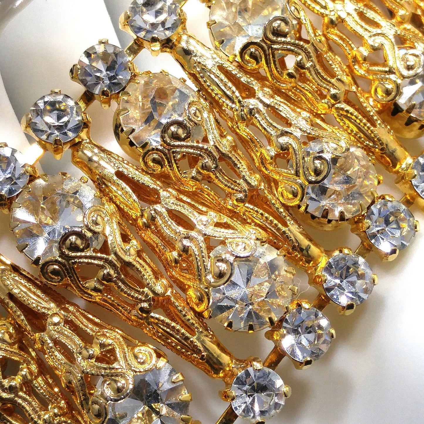 Vintage Clear Rhinestone Wide Filigree Bracelet Gold Tone Safety Chain 1950s