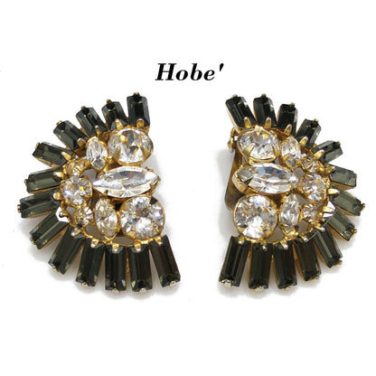 Hobe' Rhinestone Clip Earrings, Clear & Gray Rhinestones, Gold Plated, 1950s Vintage Jewelry