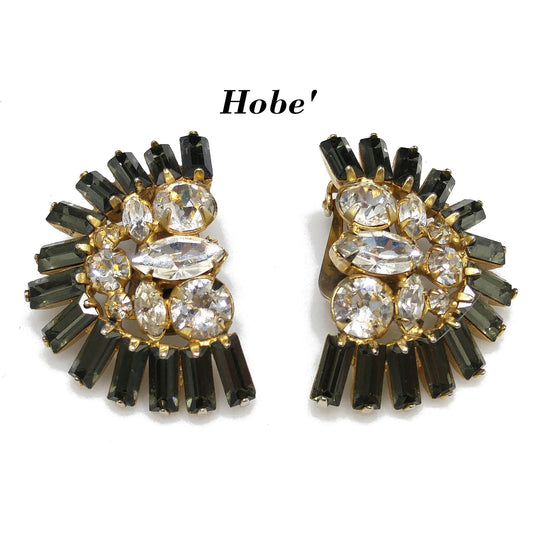 Hobe' Rhinestone Clip Earrings, Clear & Gray Rhinestones, Gold Plated, 1950s Vintage Jewelry
